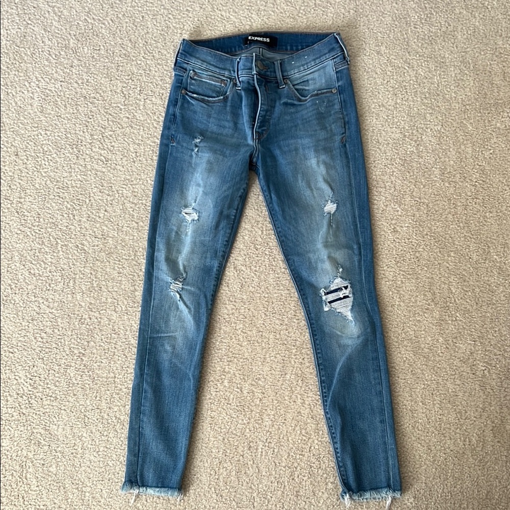 Express Blue Skinny Jeans with Distressed Details
